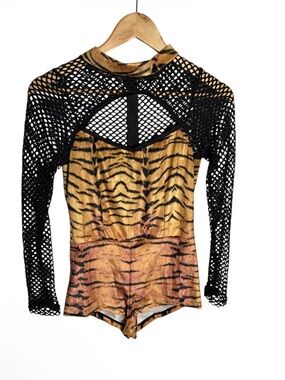 Music Legs velour tiger cutout mesh net sleeves shorts romper costume  Small